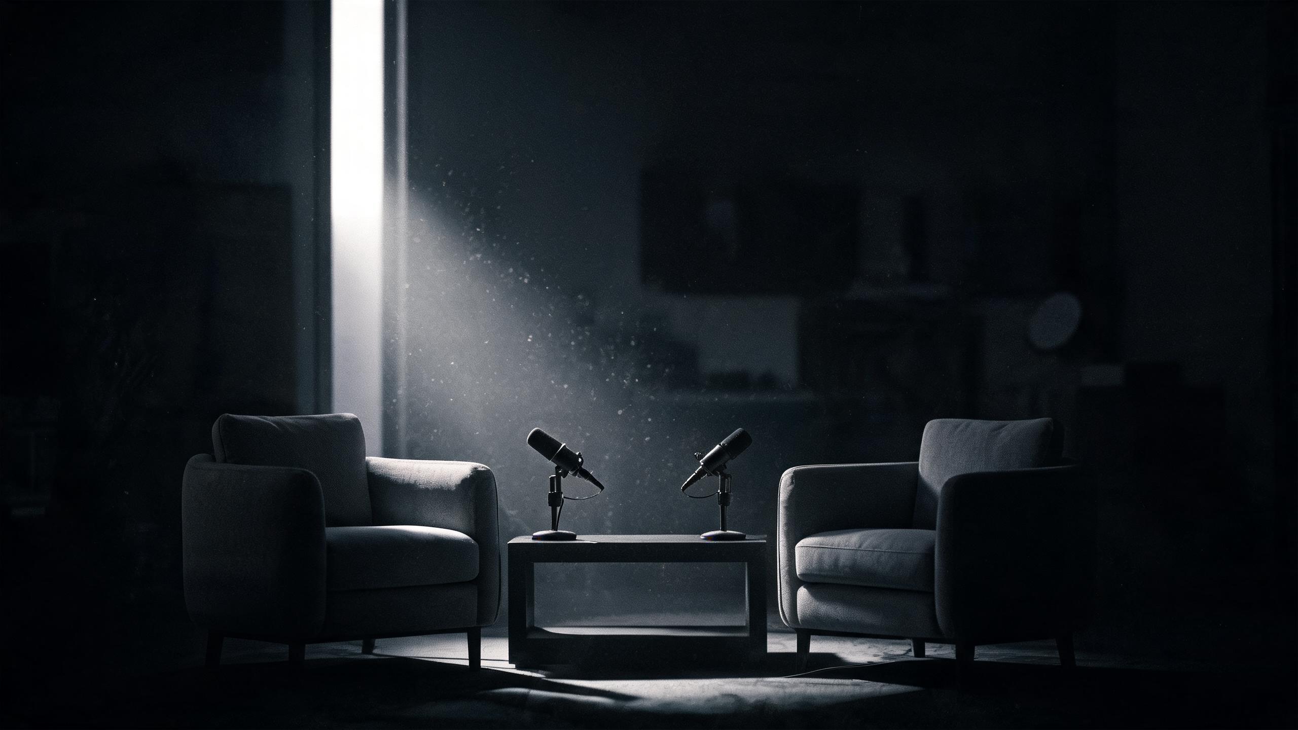 A wide 16:9 studio shot of two chairs and microphones